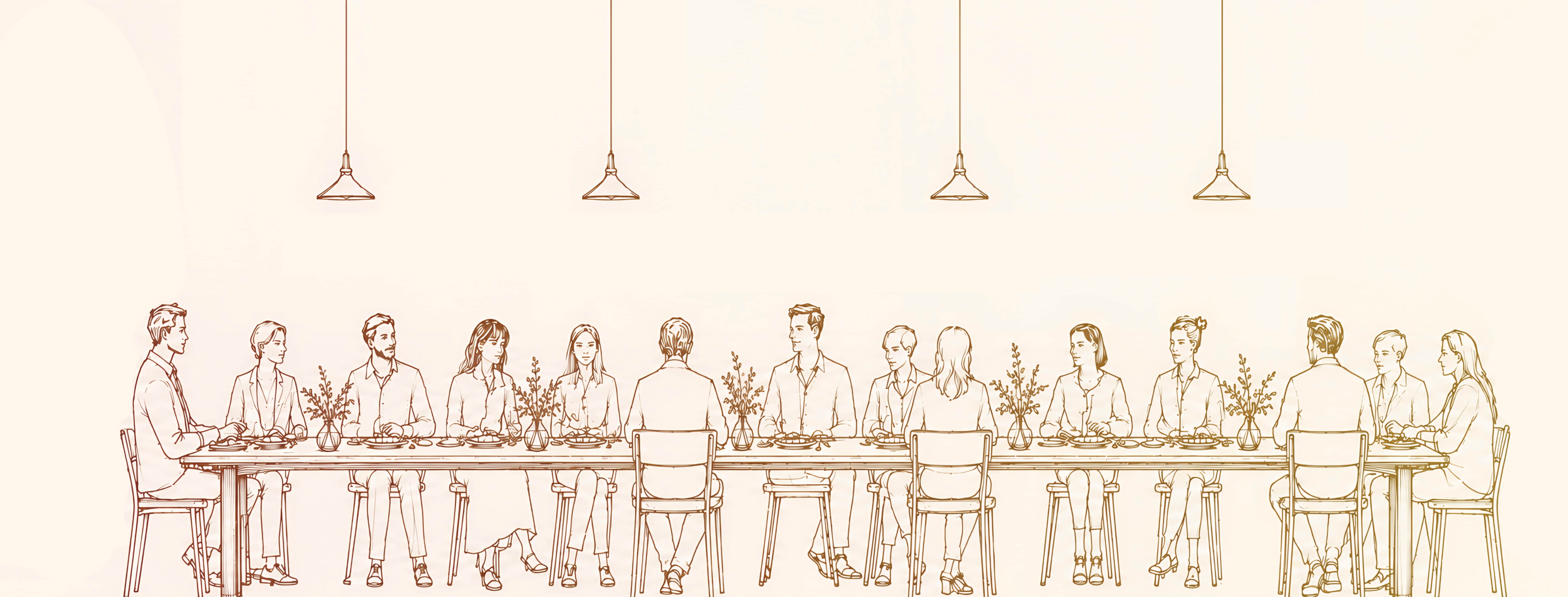 Illustratie in de huisstijl van Kantoor aan Tafel! van collega's die samen aan een lange tafel eten